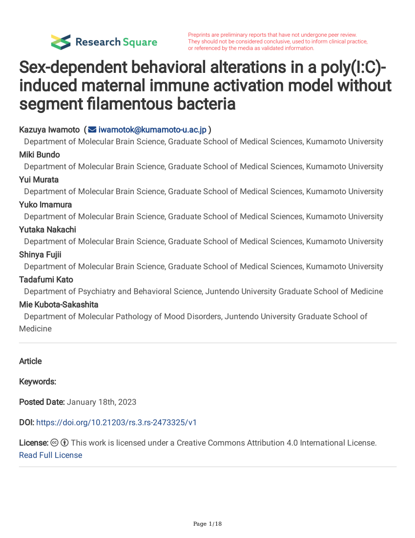 Pdf Sex Dependent Behavioral Alterations In A Polyic Induced Maternal Immune Activation 6427