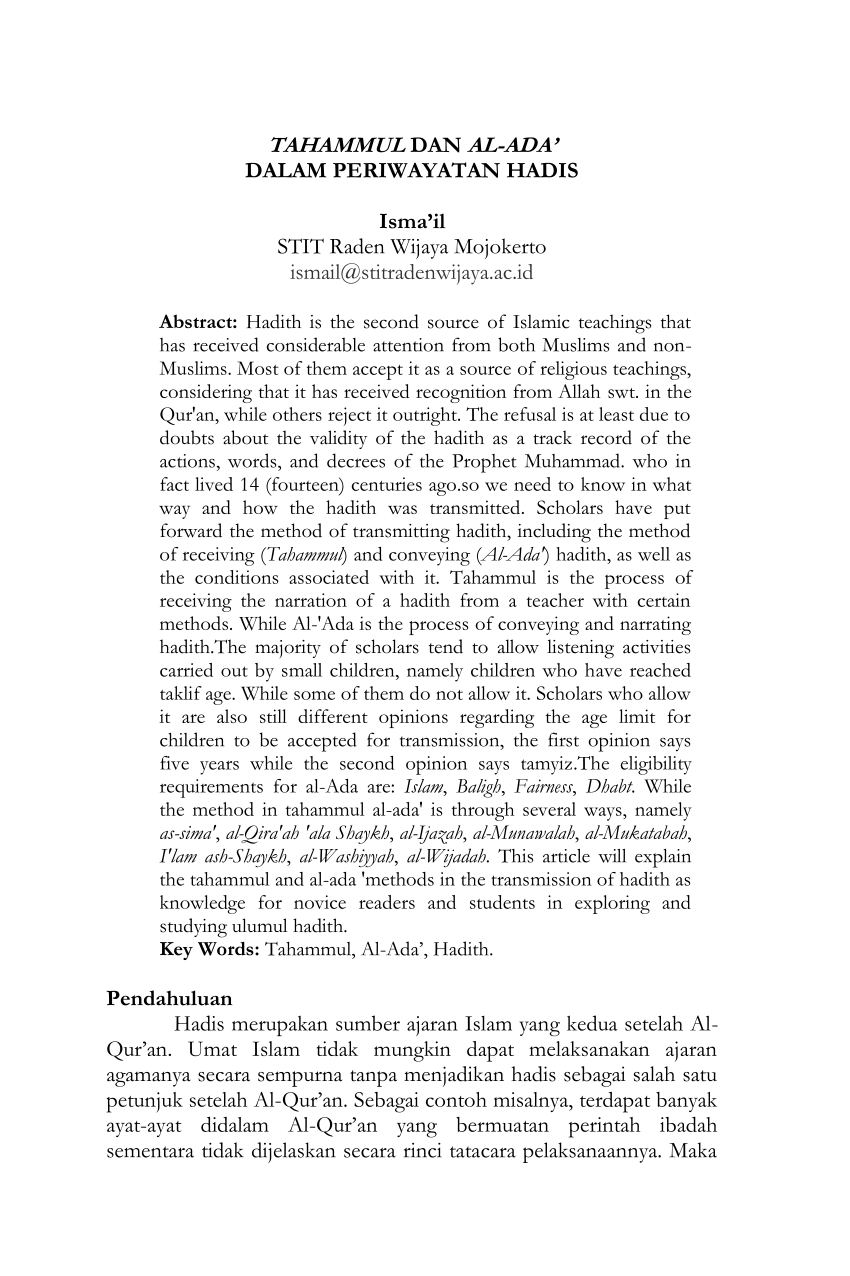 Pdf Tahammul Dan Al Ada Dalam Periwayatan Hadis 4922