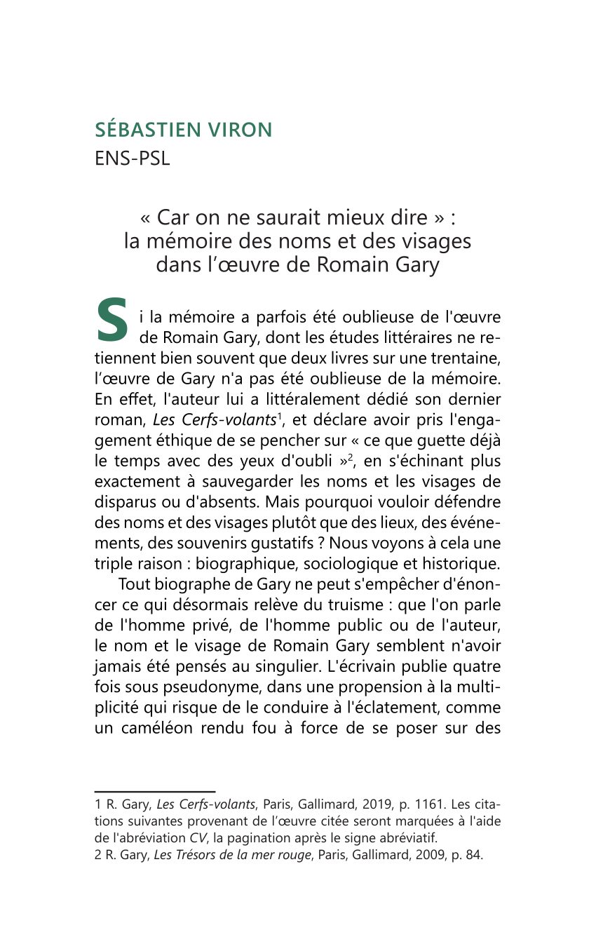 PDF) « Car on ne saurait mieux dire » : la mémoire des noms et des visages  dans l'œuvre de Romain Gary