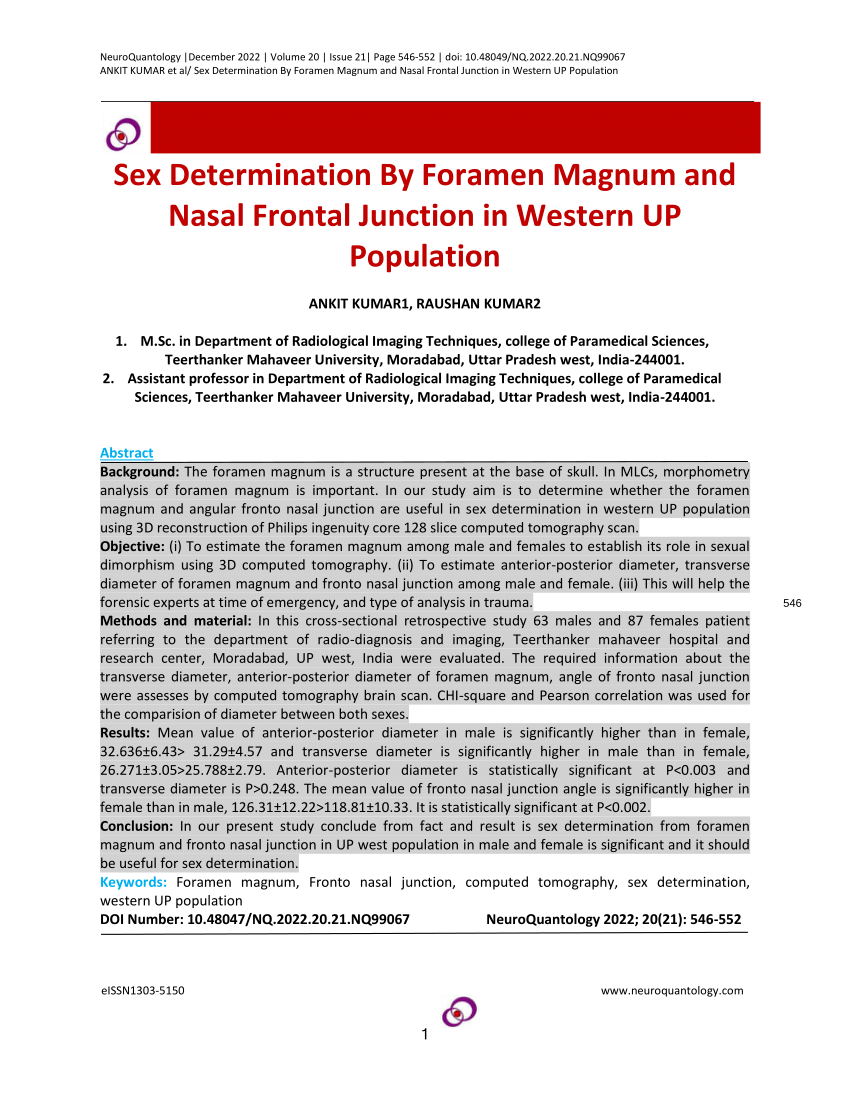 Pdf Sex Determination By Foramen Magnum And Nasal Frontal Junction In Western Up Population 4037