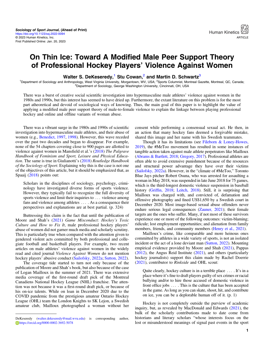 PDF) On Thin Ice Toward A Modified Male Peer Support Theory of Professional Hockey Players Violence Against Women pic picture