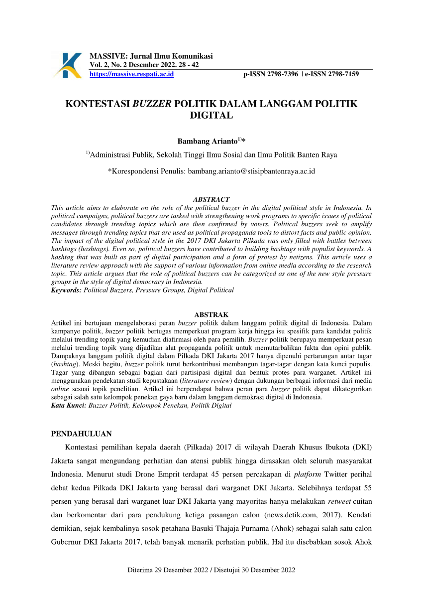 Pdf Kontestasi Buzzer Politik Dalam Langgam Politik Digital 