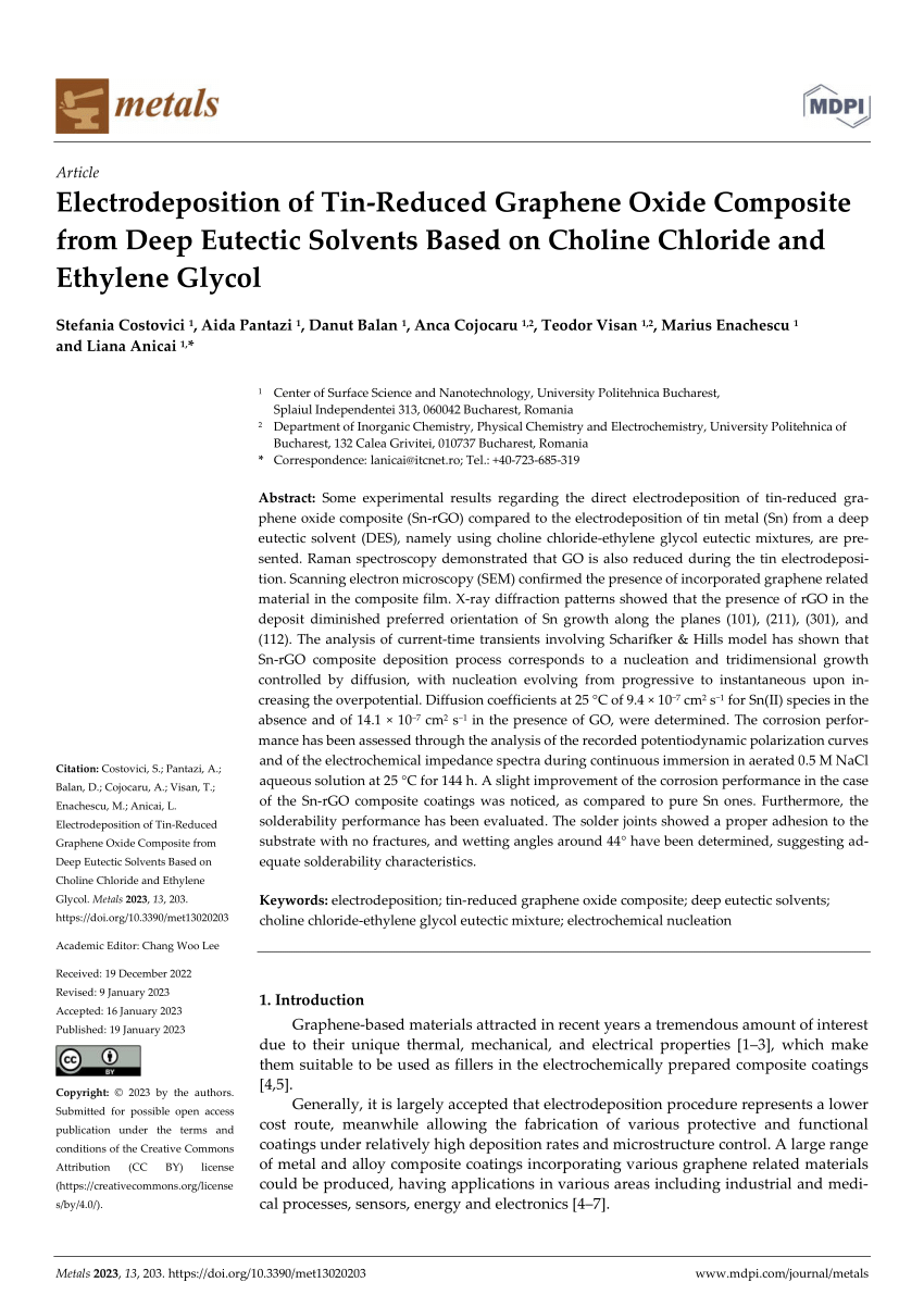 (PDF) Electrodeposition of TinReduced Graphene Oxide Composite from Deep Eutectic Solvents