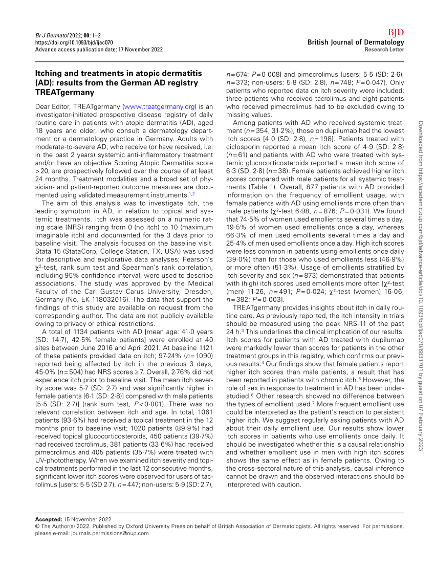 Pdf Itching And Treatments In Atopic Dermatitis Ad Results From The German Ad Registry 