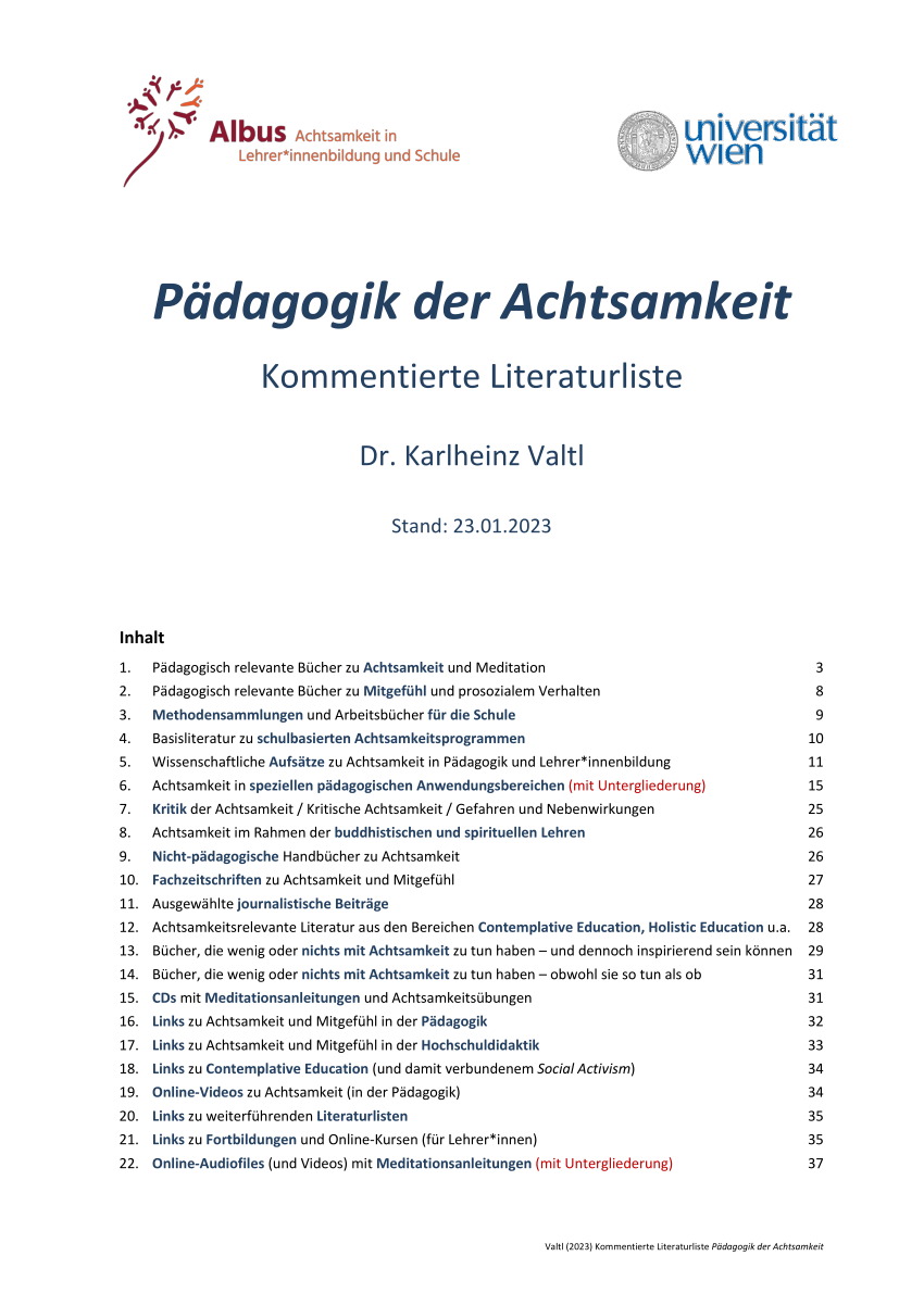 PDF) Valtl (2023) Kommentierte Literaturliste Pädagogik der Achtsamkeit