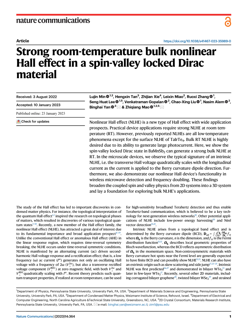 (PDF) Strong room-temperature bulk nonlinear Hall effect in a spin-valley  locked Dirac material