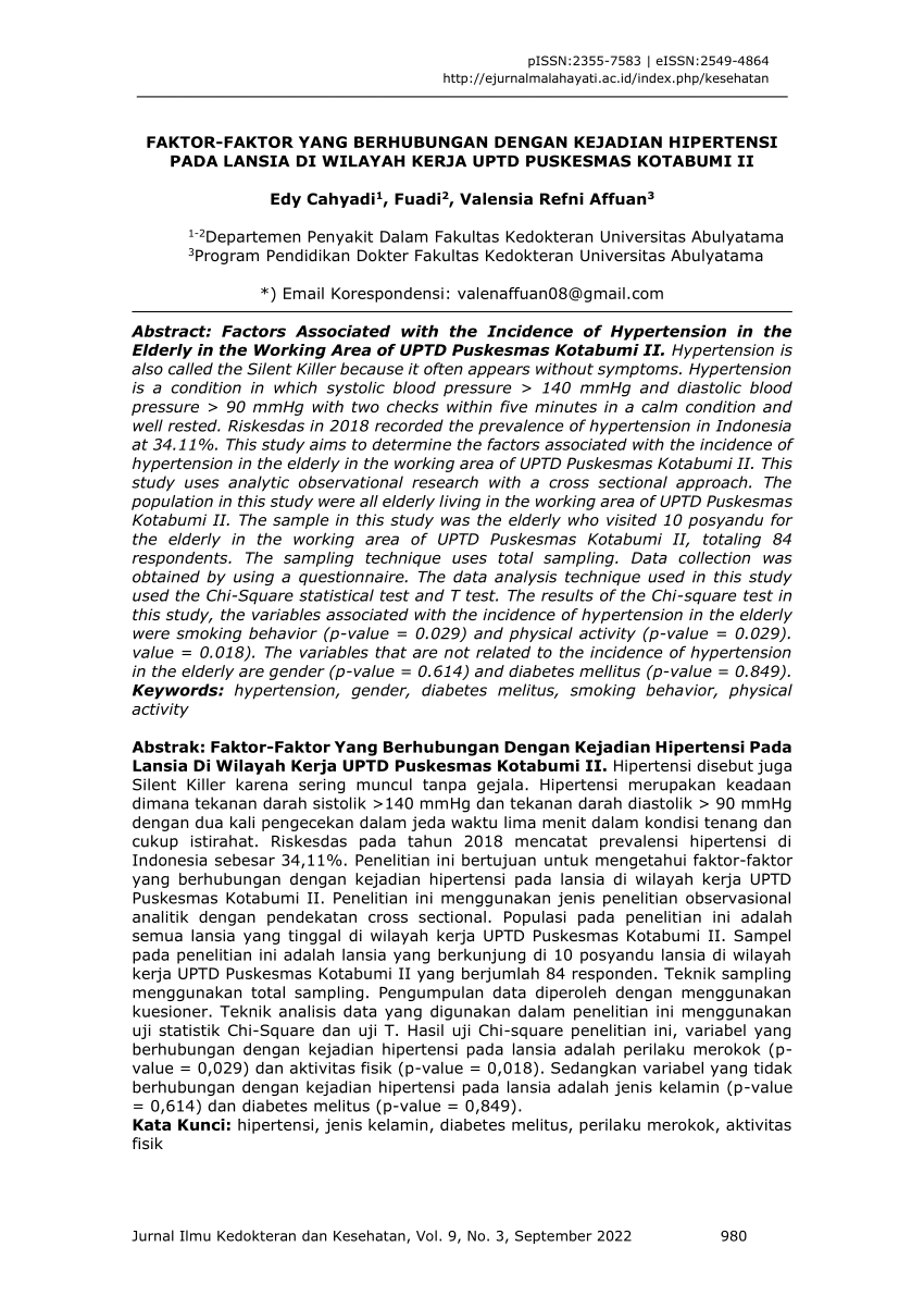 Pdf Faktor Faktor Yang Berhubungan Dengan Kejadian Hipertensi Pada Lansia Di Wilayah Kerja 9391
