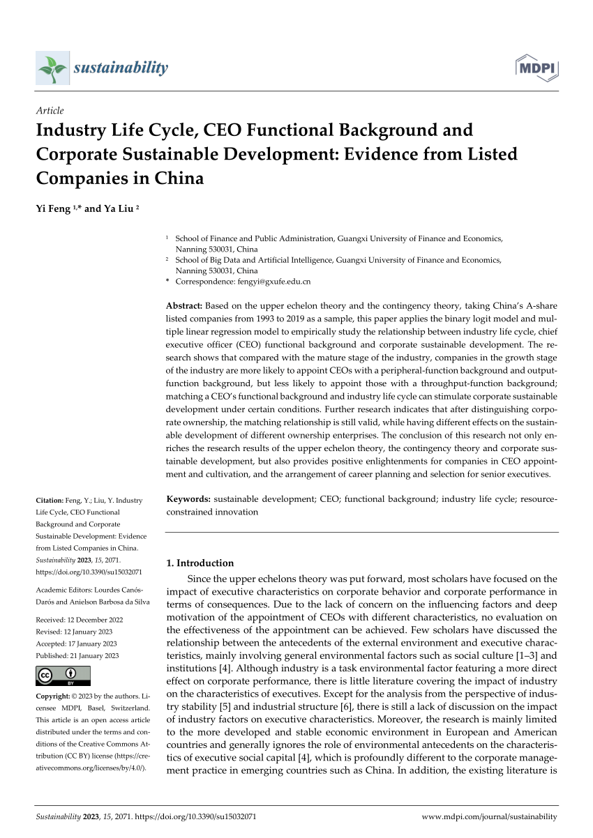 PDF) Industry Life Cycle, CEO Functional Background and Corporate Sustainable  Development: Evidence from Listed Companies in China