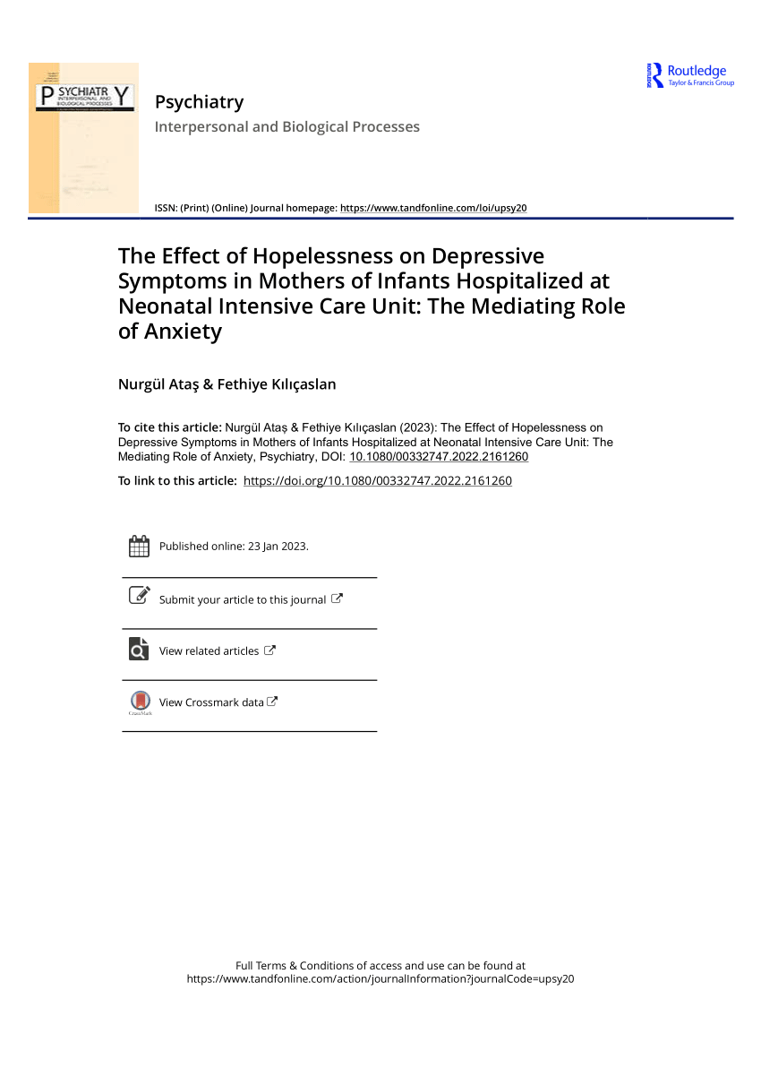 Pdf The Effect Of Hopelessness On Depressive Symptoms In Mothers Of Infants Hospitalized At