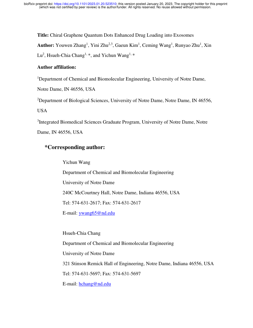 PDF) Chiral Graphene Quantum Dots Enhanced Drug Loading into Exosomes