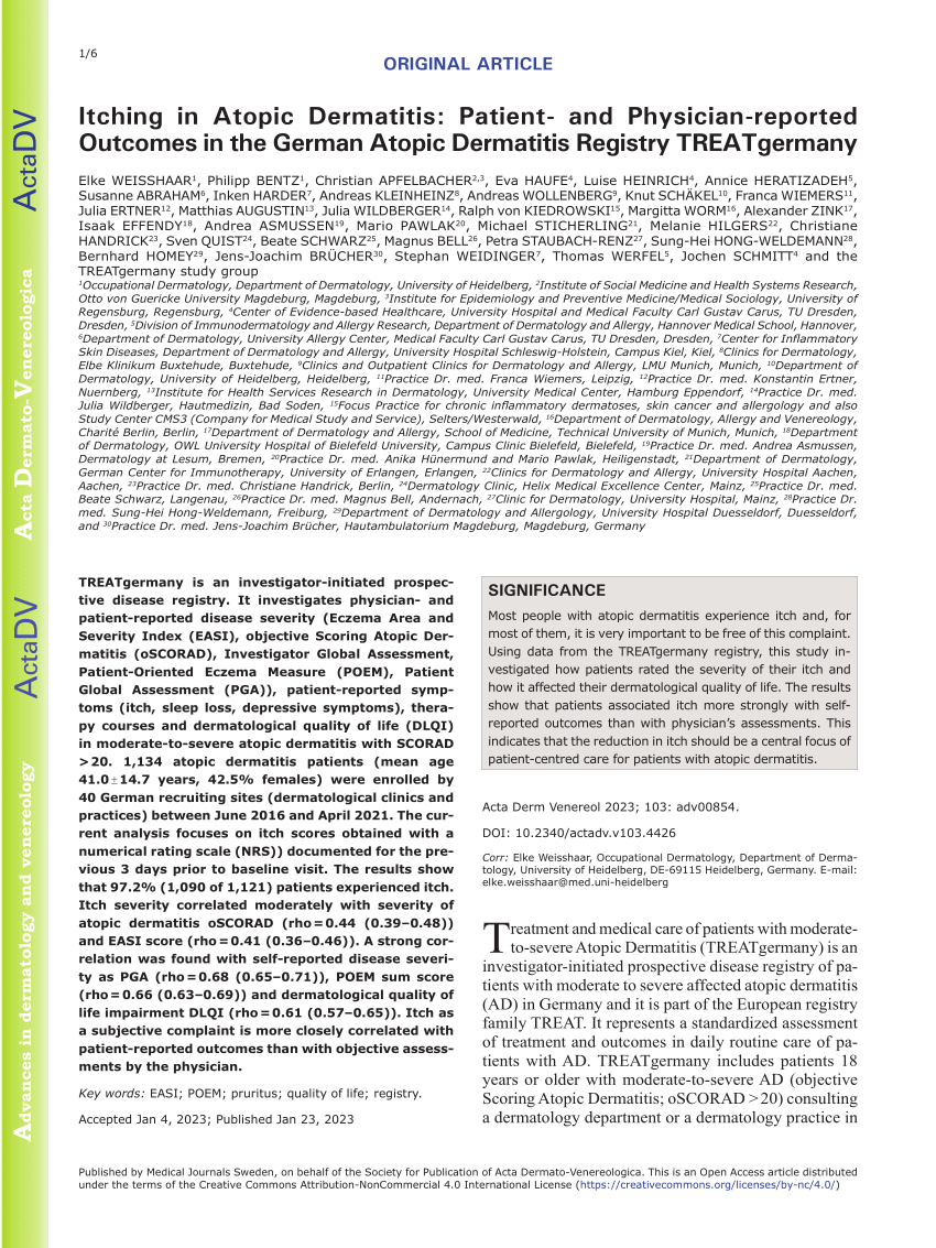 Pdf Itching In Atopic Dermatitis Patient And Physician Reported Outcomes In The German 