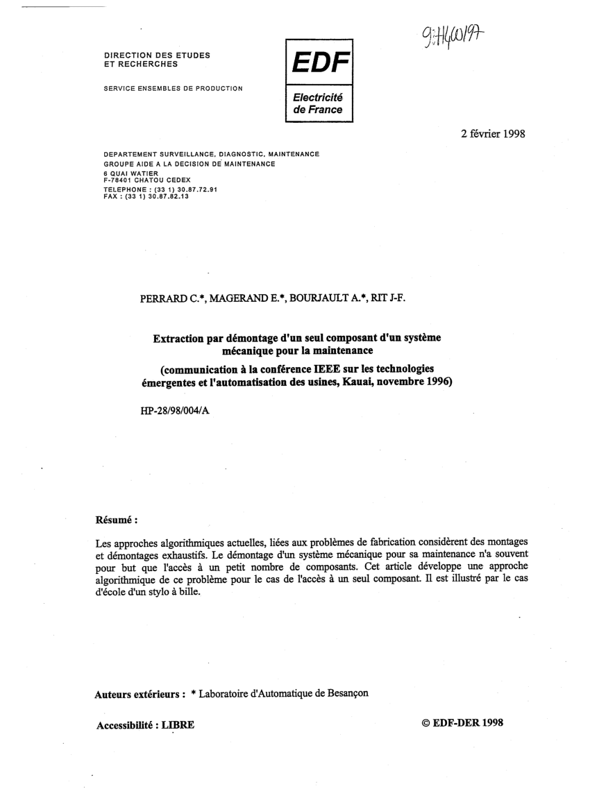 Pdf Extraction By Disassembling Of A Single Part Of A Mechanical System For Its Maintenance