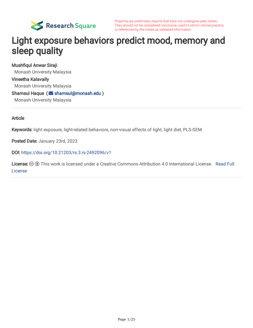 PDF) Light exposure behaviors predict mood, memory and sleep quality