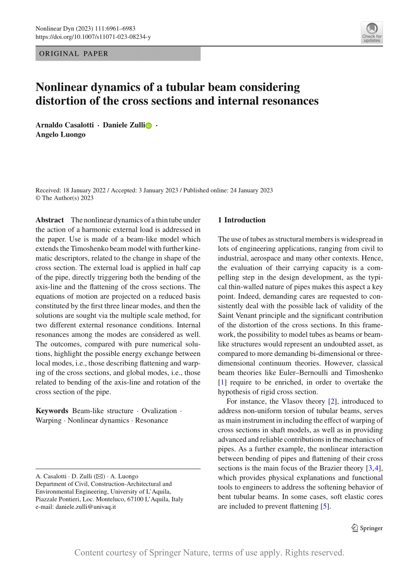 PDF) Nonlinear dynamics of a tubular beam considering distortion