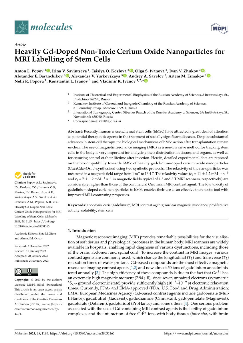 Cerium oxide nanoparticles with antioxidant capabilities and gadolinium  integration for MRI contrast enhancement