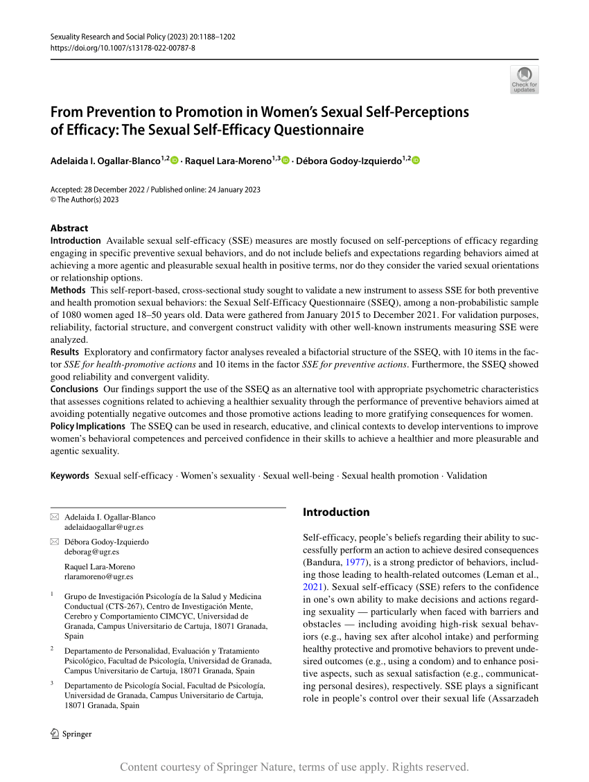 Pdf From Prevention To Promotion In Womens Sexual Self Perceptions Of Efficacy The Sexual 3745