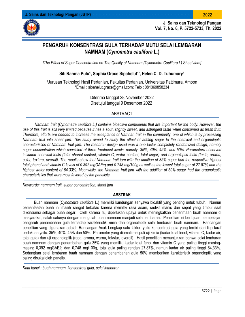 Pdf Pengaruh Konsentrasi Gula Terhadap Mutu Selai Lembaran Namnam Cynometra Caulifora L 8519