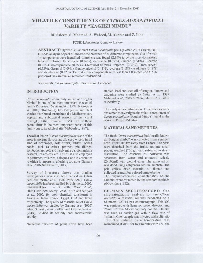 (PDF) Volatile Cosntituents of Citrua Aurantifolia variety "Kaghzi Nimbu"