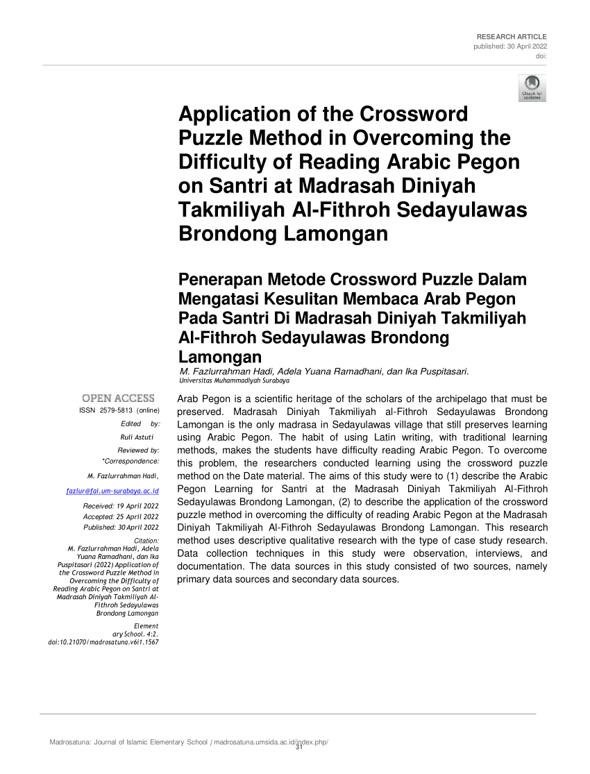 (PDF) Application of the Crossword Puzzle Method in Overcoming the