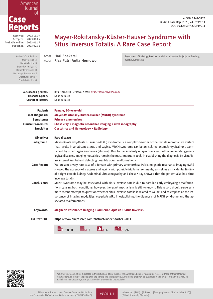 Pdf Mayer Rokitansky Küster Hauser Syndrome With Situs Inversus Totalis A Rare Case Report 