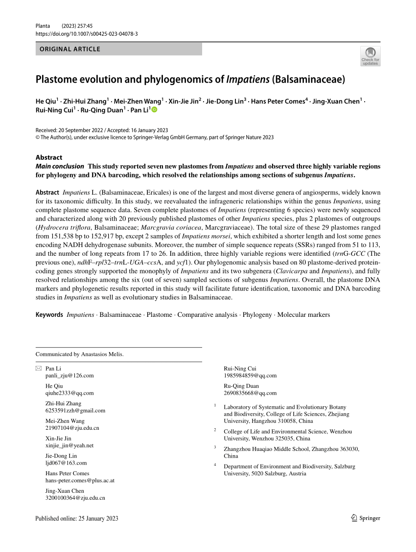 PDF) Plastome evolution and phylogenomics of Impatiens (Balsaminaceae)