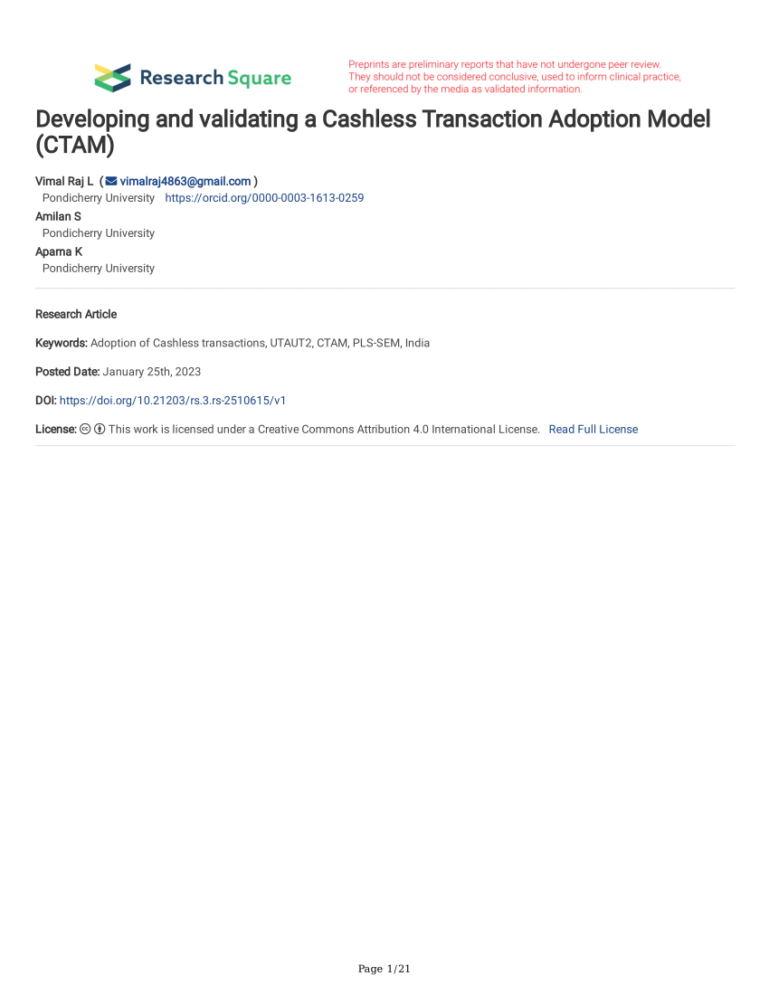 PDF) Developing and validating a Cashless Transaction Adoption Model (CTAM)