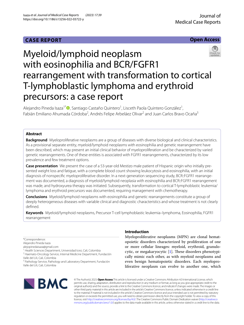 Pdf Myeloidlymphoid Neoplasm With Eosinophilia And Bcrfgfr1 Rearrangement With 