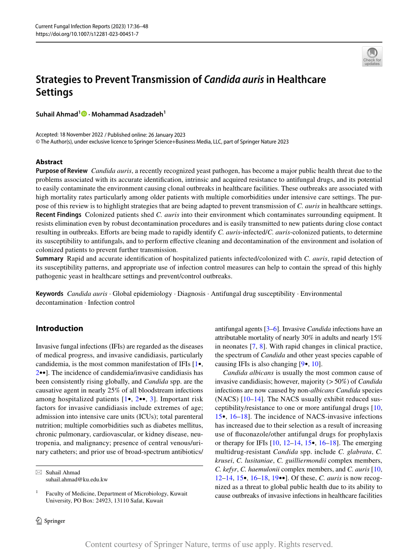 Strategies To Prevent Transmission Of Candida Auris In Healthcare Settings Request Pdf 