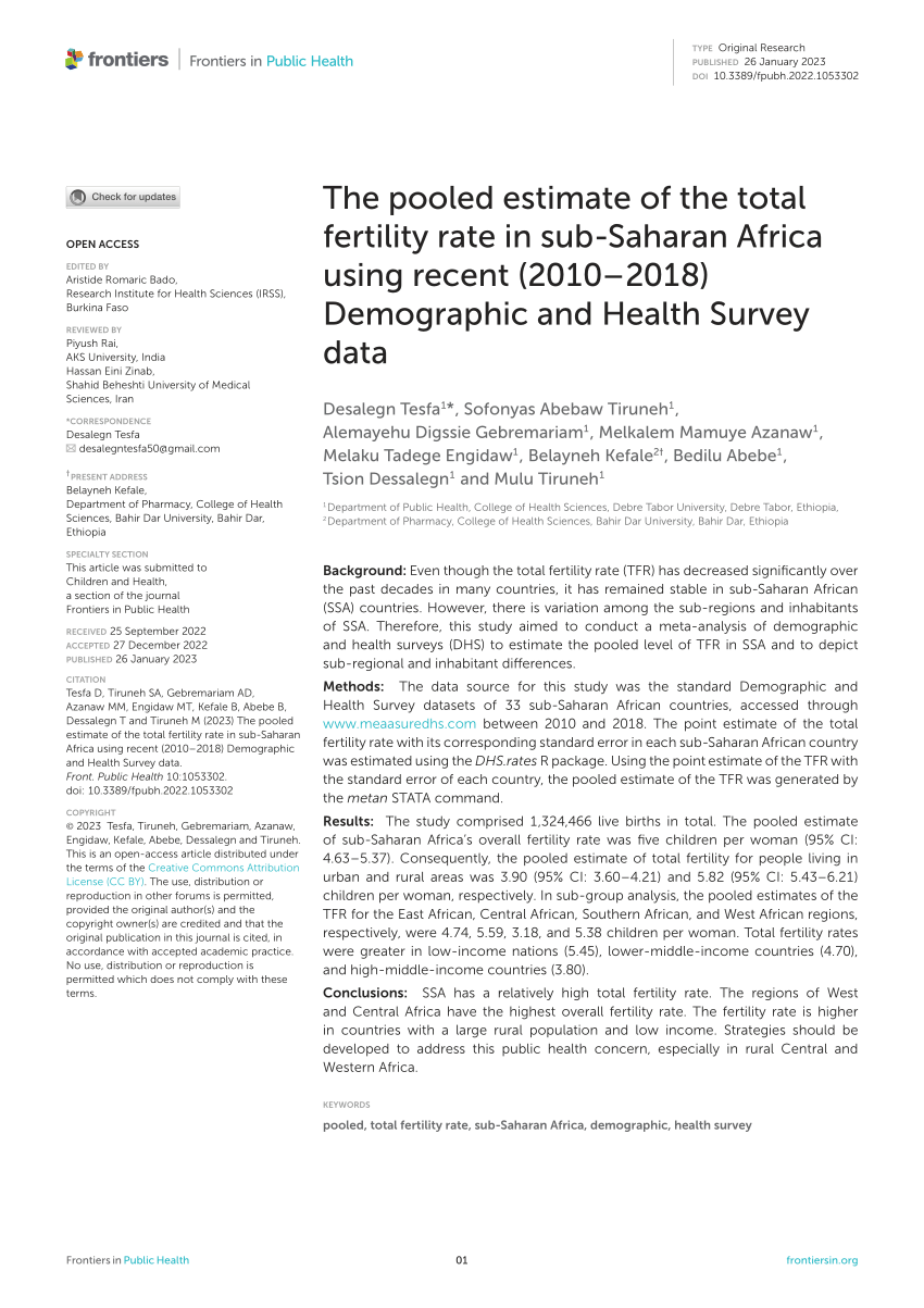 Pdf The Pooled Estimate Of The Total Fertility Rate In Sub Saharan Africa Using Recent 2010 