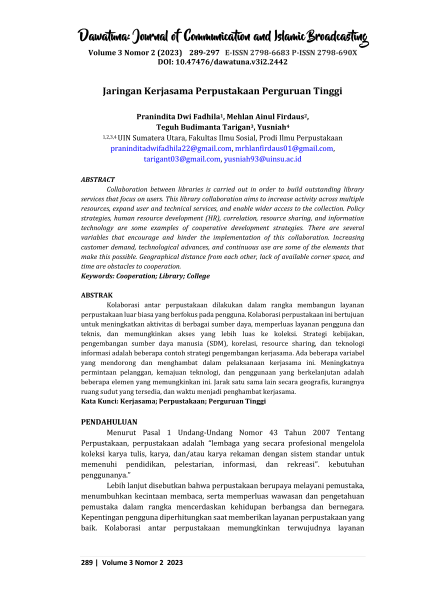Pdf Jaringan Kerjasama Perpustakaan Perguruan Tinggi