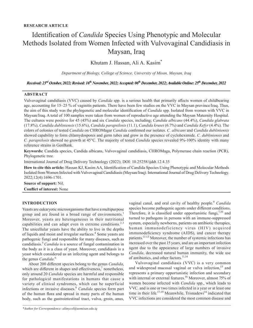 Pdf Identification Of Candida Species Using Phenotypic And Molecular Methods Isolated From 