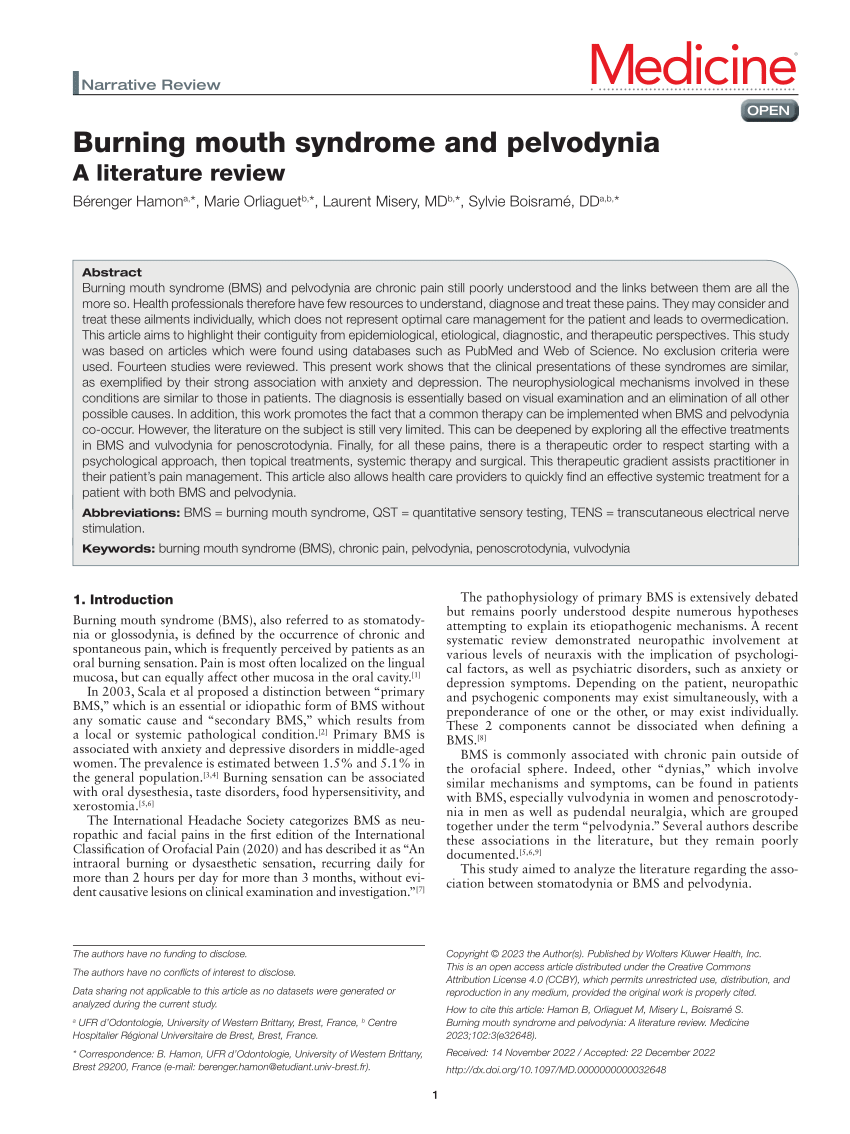 PDF) Burning mouth syndrome and pelvodynia: A literature review