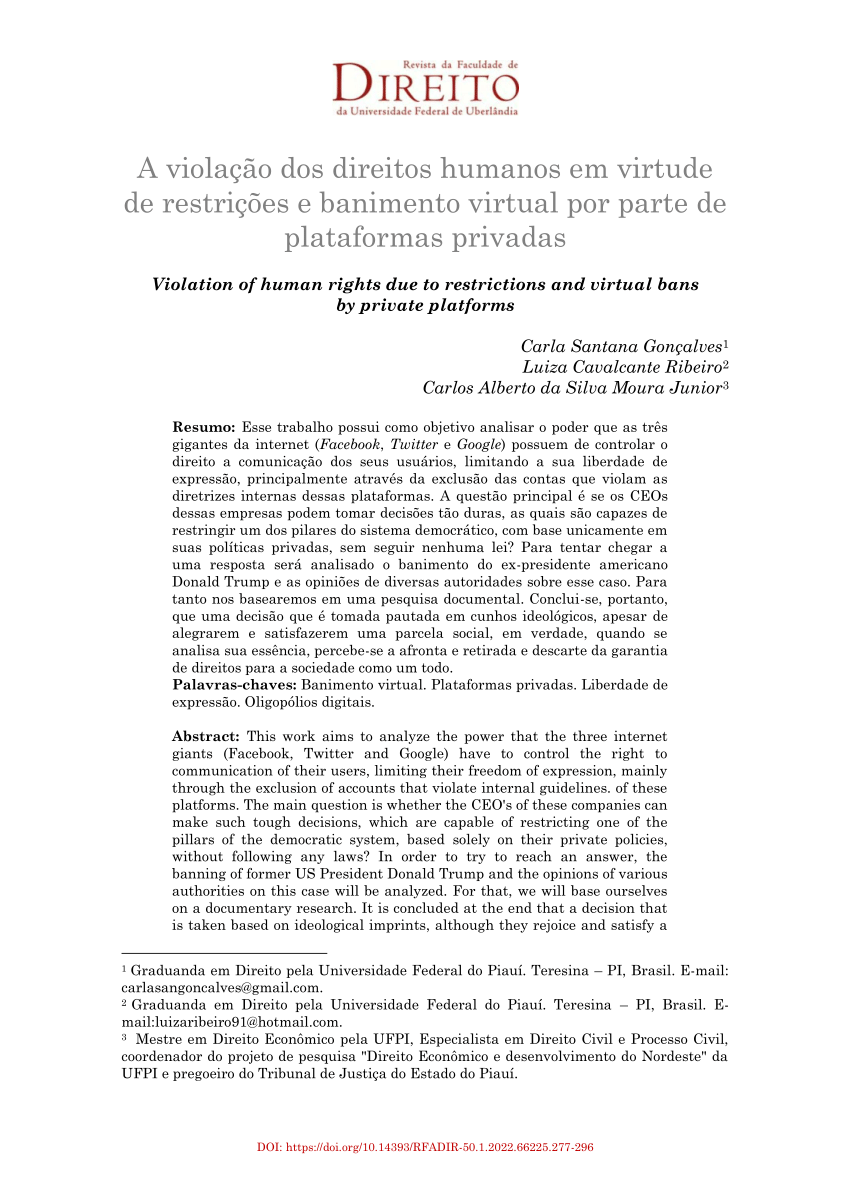 Pdf Violação Dos Direitos Humanos Em Virtude De Restrições E Banimento Virtual Por Parte De 4722