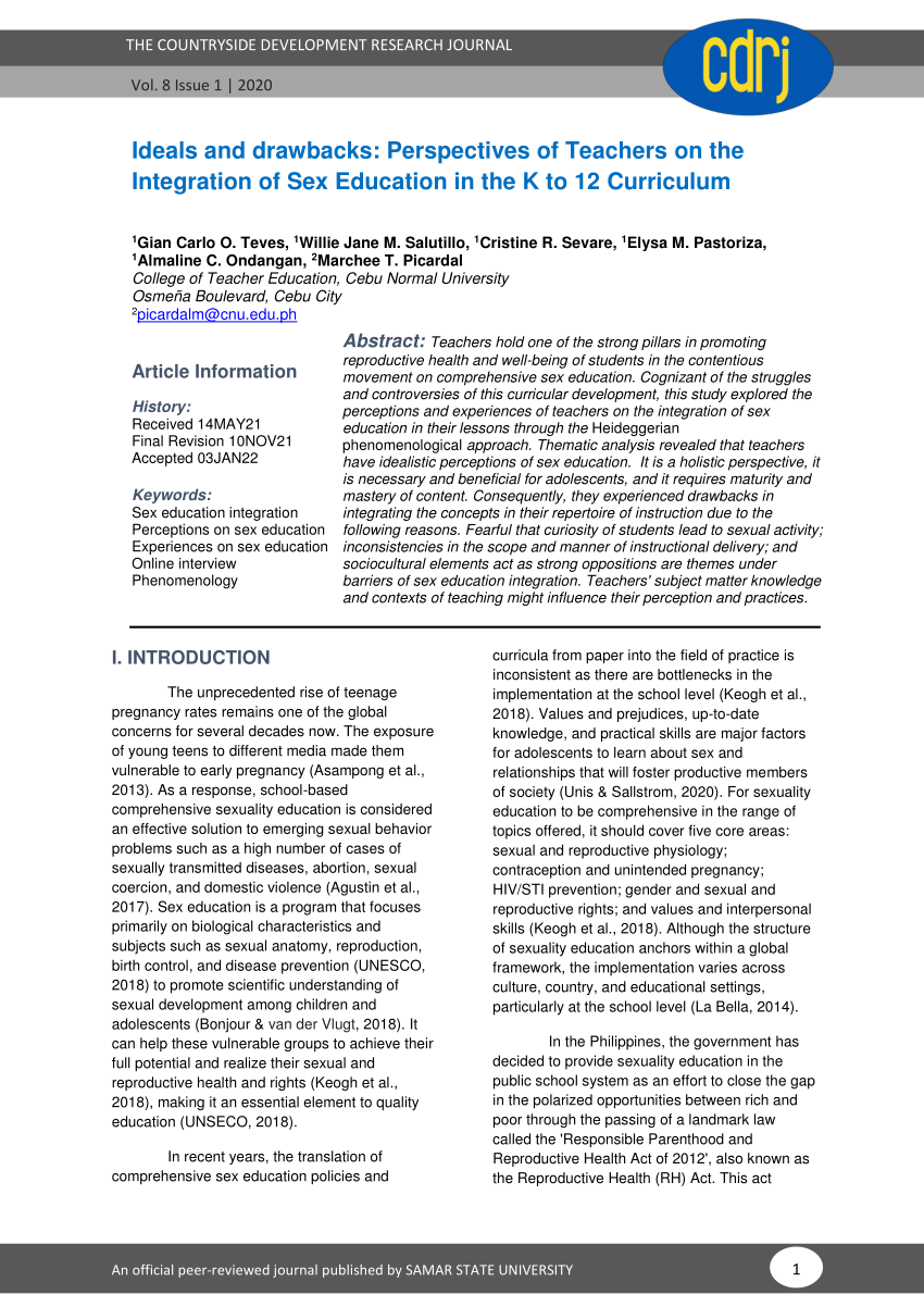 PDF) Ideals and drawbacks: Perspectives of Teachers on the Integration of  Sex Education in the K to 12 Curriculum