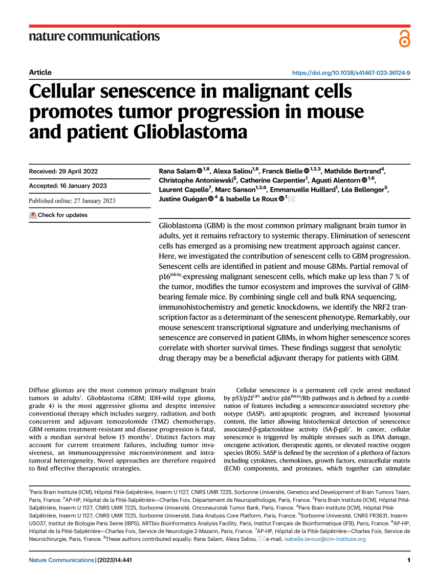 PDF) Cellular senescence in malignant cells promotes tumor