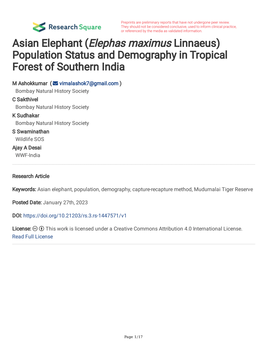 (PDF) Asian Elephant (Elephas maximus Linnaeus) Population Status and