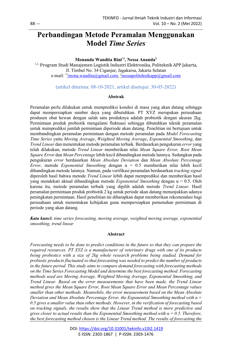 Pdf Perbandingan Metode Peramalan Menggunakan Model Time Series 0238