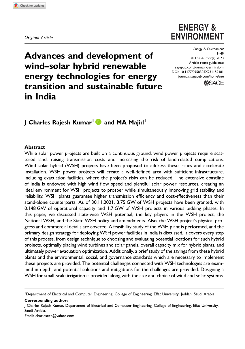 PDF) Advances and development of wind-solar hybrid renewable energy  technologies for energy transition and sustainable future in India