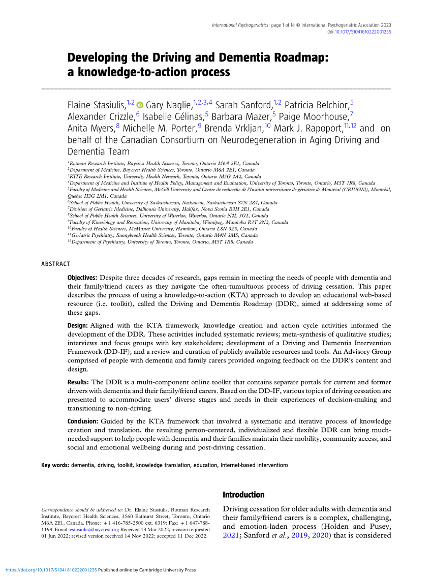 PDF) Implementation and evaluation of a driving cessation intervention to  improve community mobility and wellbeing outcomes for people living with  dementia: study protocol of the 'CarFreeMe' for people with dementia program