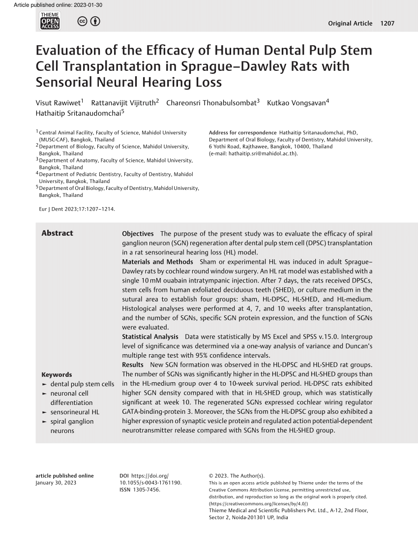 Pdf Evaluation Of The Efficacy Of Human Dental Pulp Stem Cell Transplantation In Sprague 3783