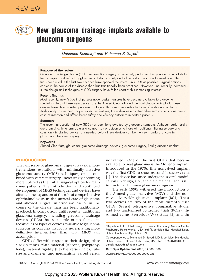 Pdf New Glaucoma Drainage Implants Available To Glaucoma Surgeons