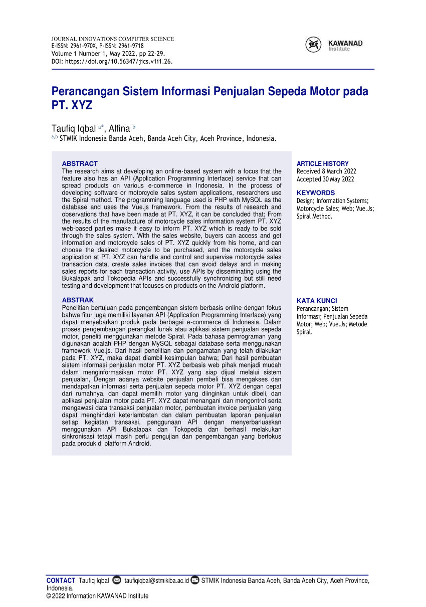 Pdf Perancangan Sistem Informasi Penjualan Sepeda Motor Pada Pt Xyz 2206