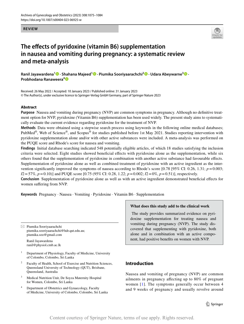 The effects of pyridoxine (vitamin B6) supplementation in nausea and