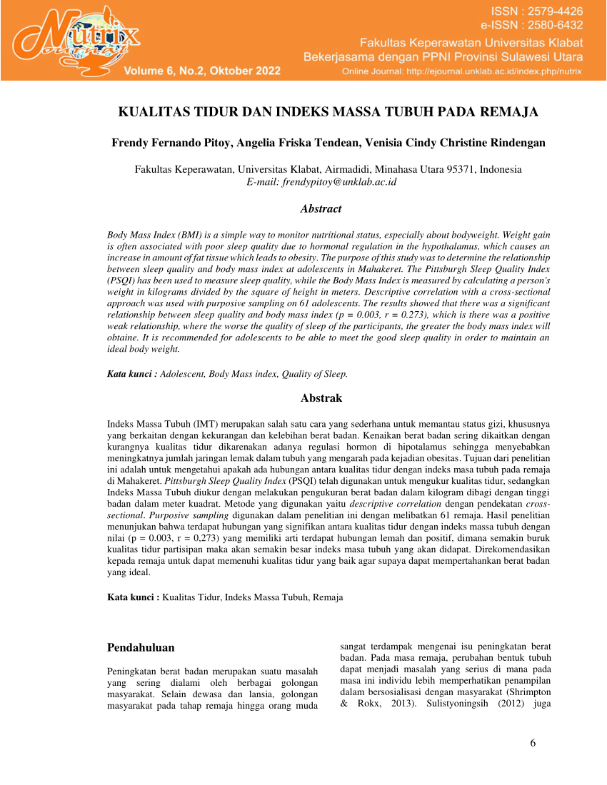 Pdf Kualitas Tidur Dan Indeks Massa Tubuh Pada Remaja