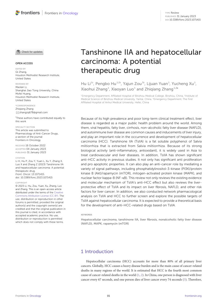 PDF) Tanshinone IIA and hepatocellular carcinoma: A potential 