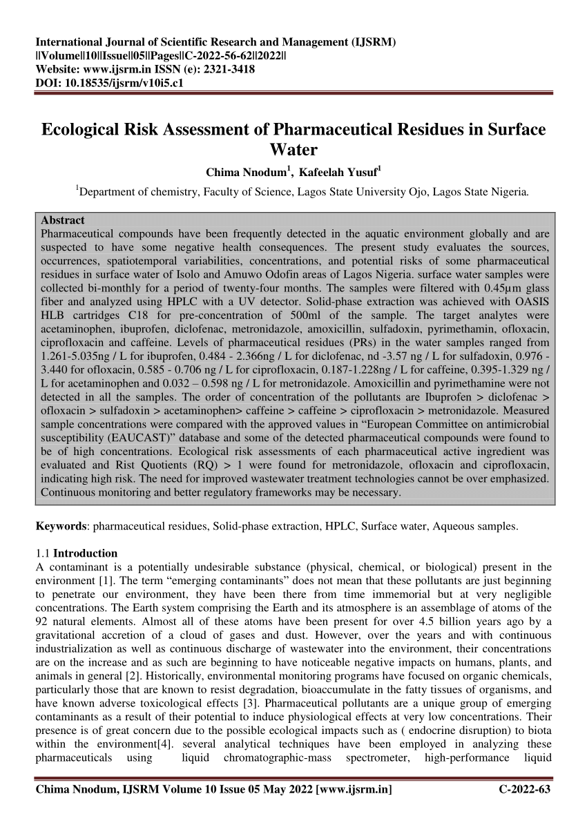Pdf Ecological Risk Assessment Of Pharmaceutical Residues In Surface