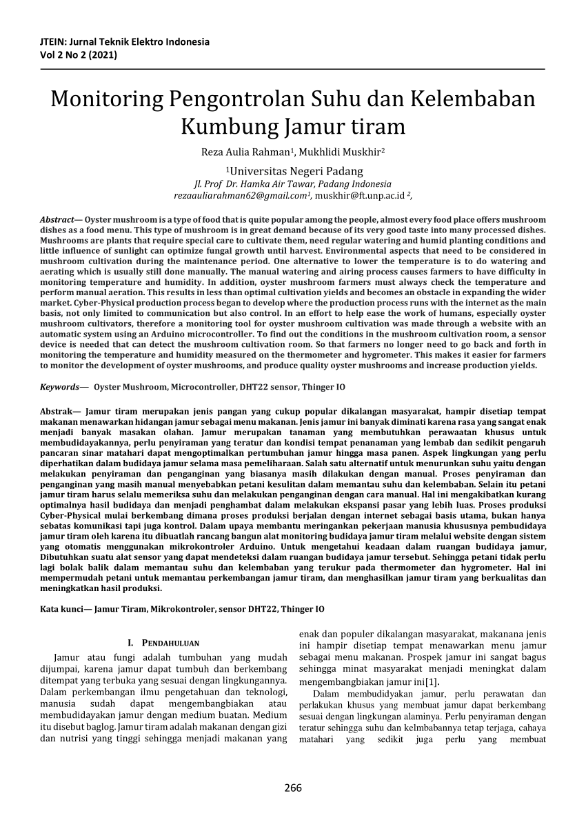 Pdf Monitoring Pengontrolan Suhu Dan Kelembaban Kumbung Jamur Tiram