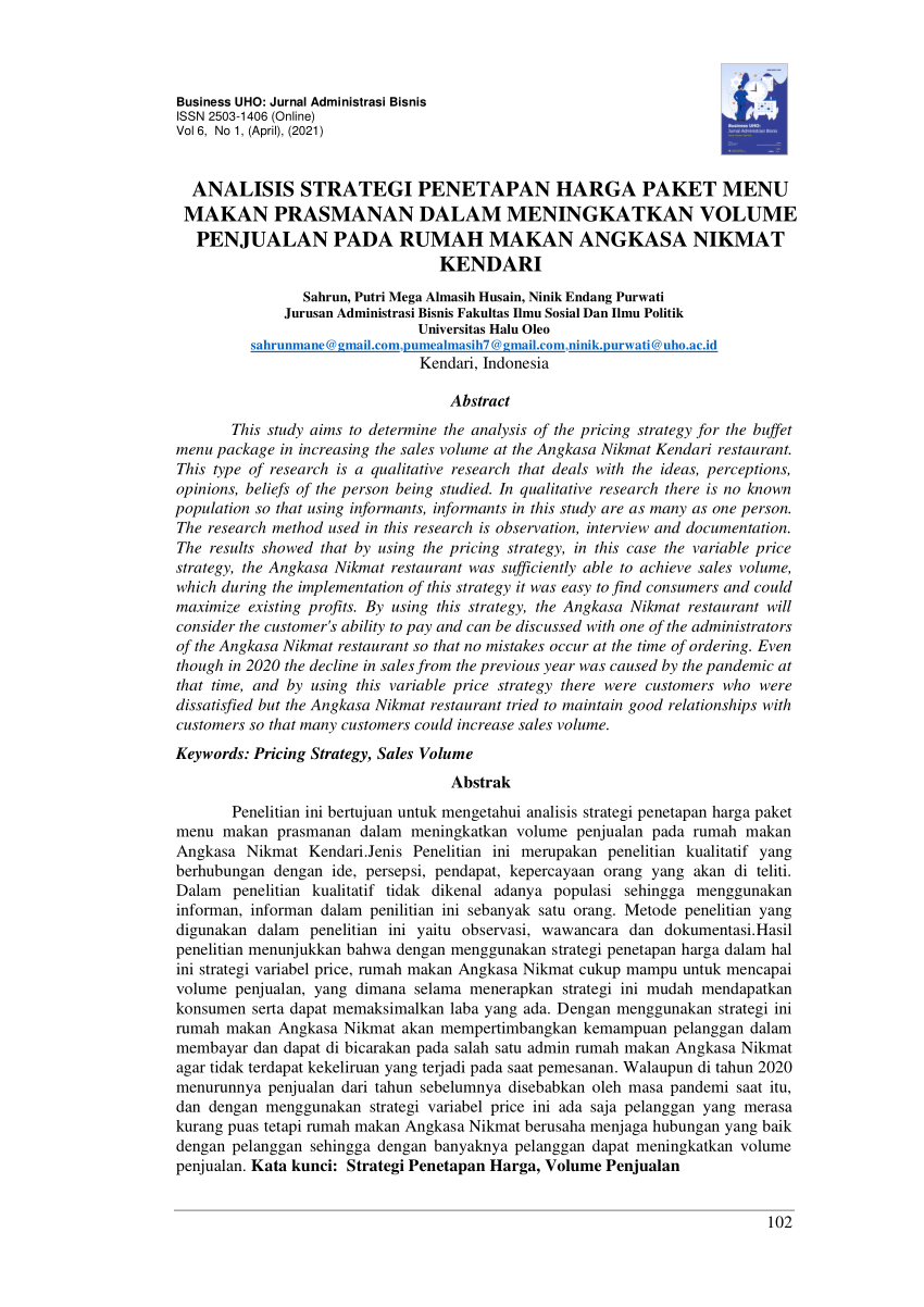 Pdf Analisis Strategi Penetapan Harga Paket Menu Makan Prasmanan Dalam Meningkatkan Volume 7472