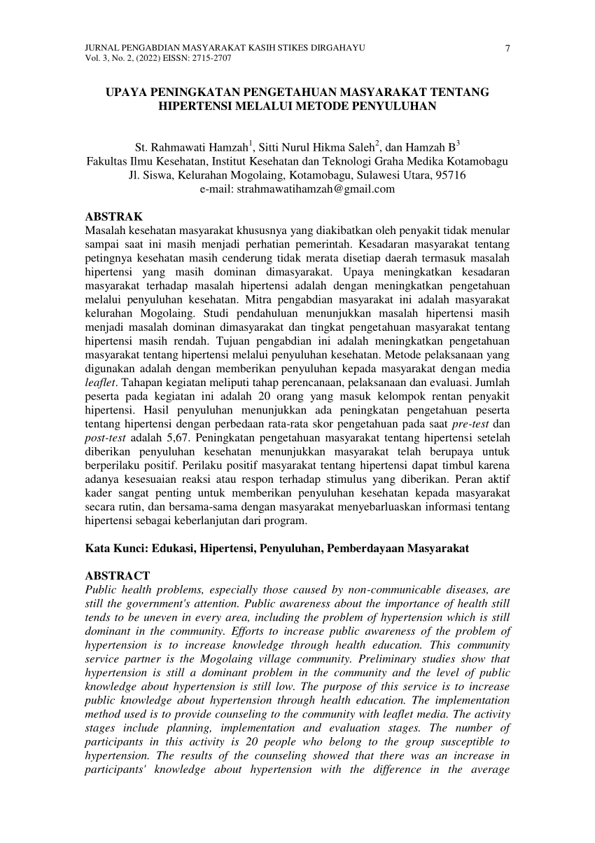 Pdf Upaya Peningkatan Pengetahuan Masyarakat Tentang Hipertensi