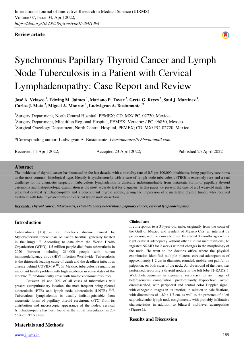 Pdf Synchronous Papillary Thyroid Cancer And Lymph Node Tuberculosis
